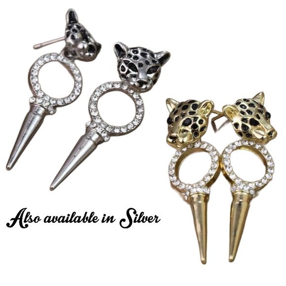 Gold-tone & Cubic Zirconia Leopard Head Drop Earrings - Picture 4 of 4